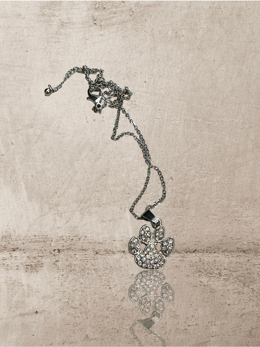Vintage 80’s Rhinestone Paw Print Pendant Necklace - Silver